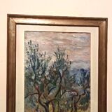 Oil painting on canvas, landscape, trees, Christine Oswalt, fishermen