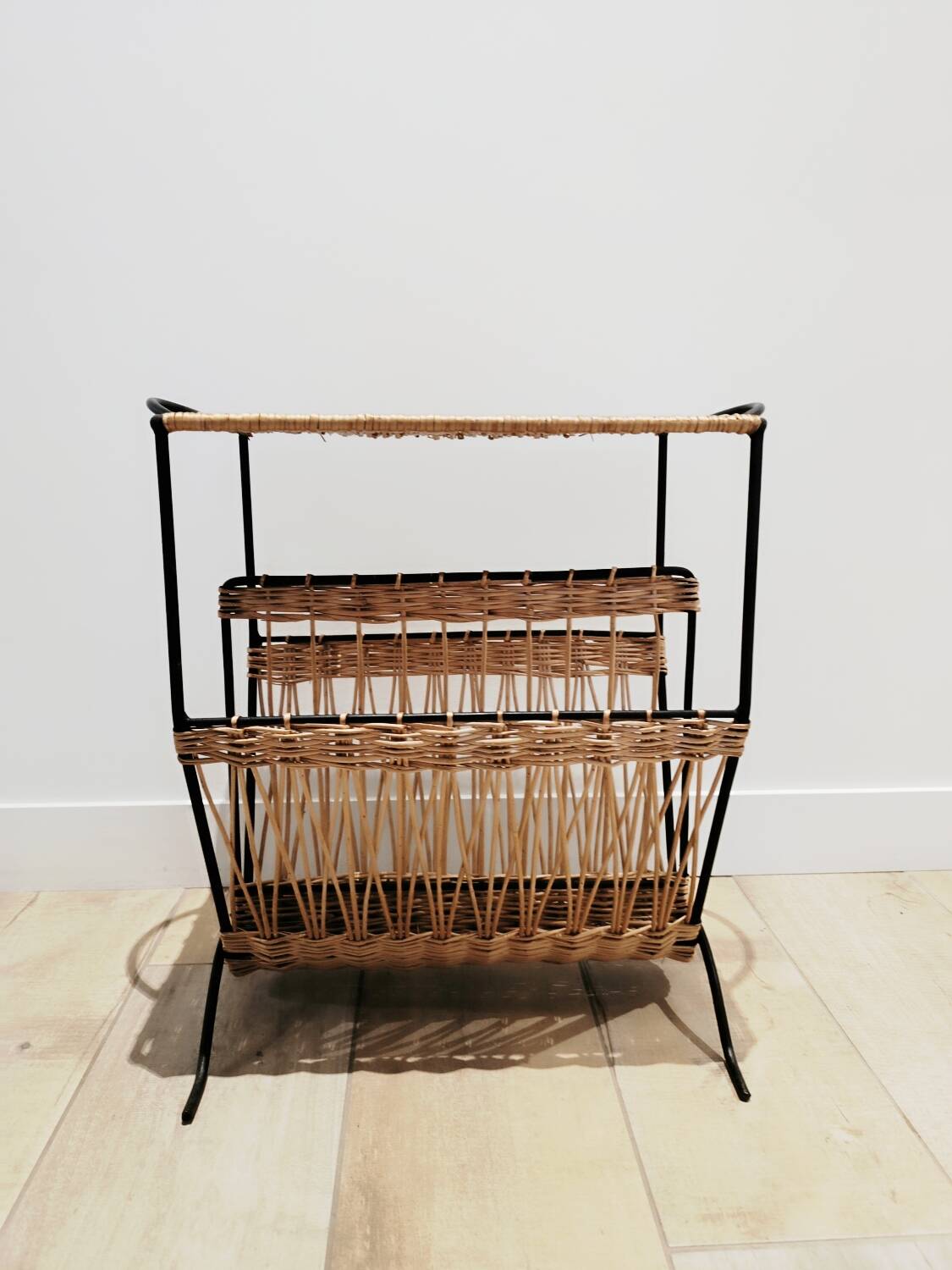 Wicker and metal side table magazine rack