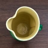 Accolay ceramic pitcher green and yellow speckled with twisted handles, 60s
