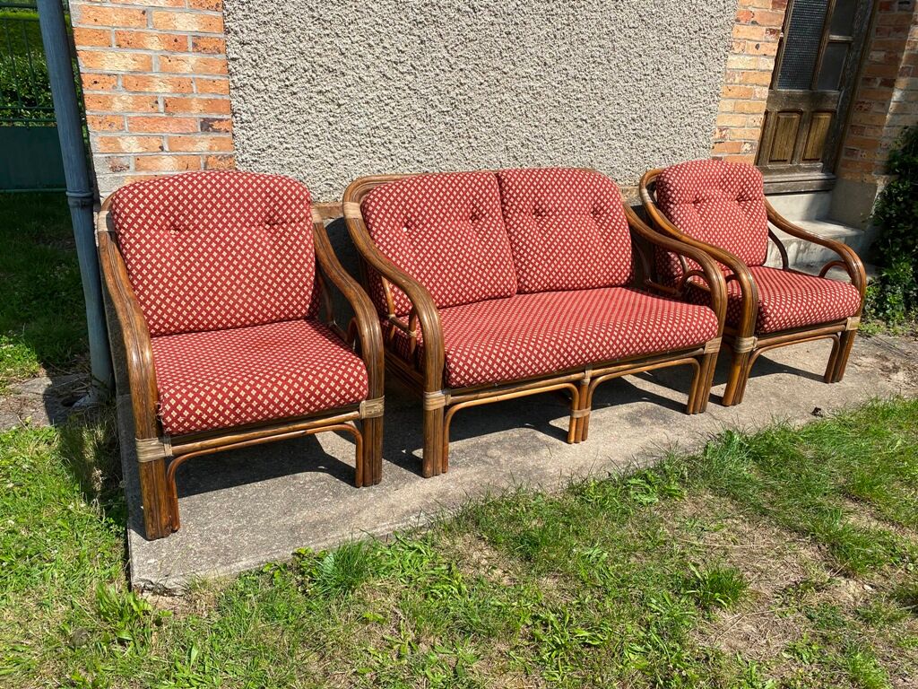 Vintage rattan lounge set 1 bench and 2 armchairs