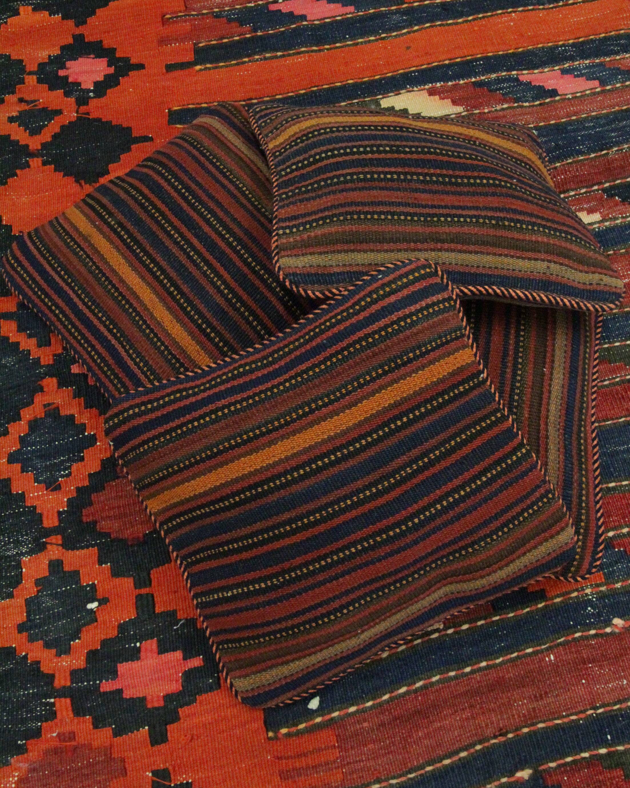 Striped Wool Kilim Scatter Cushion Handwoven Red Blue Pillow Case- 31x31cm