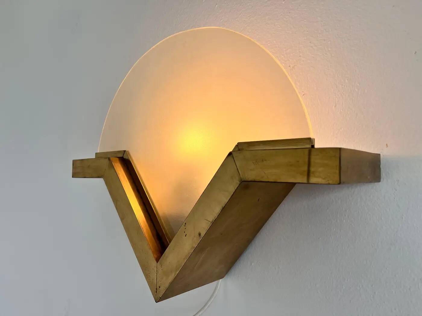 Big mid-century brass and glass design wall lamp - around 1980s