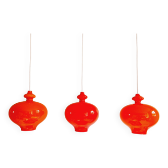 Set of 3 Scandinavian pendant lights in orange opaline, HA Jakobsson, 1960s