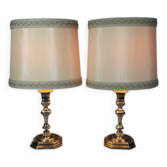 Paire lampes à poser métal argenté flambeaux style Louis XIII Bel état C777