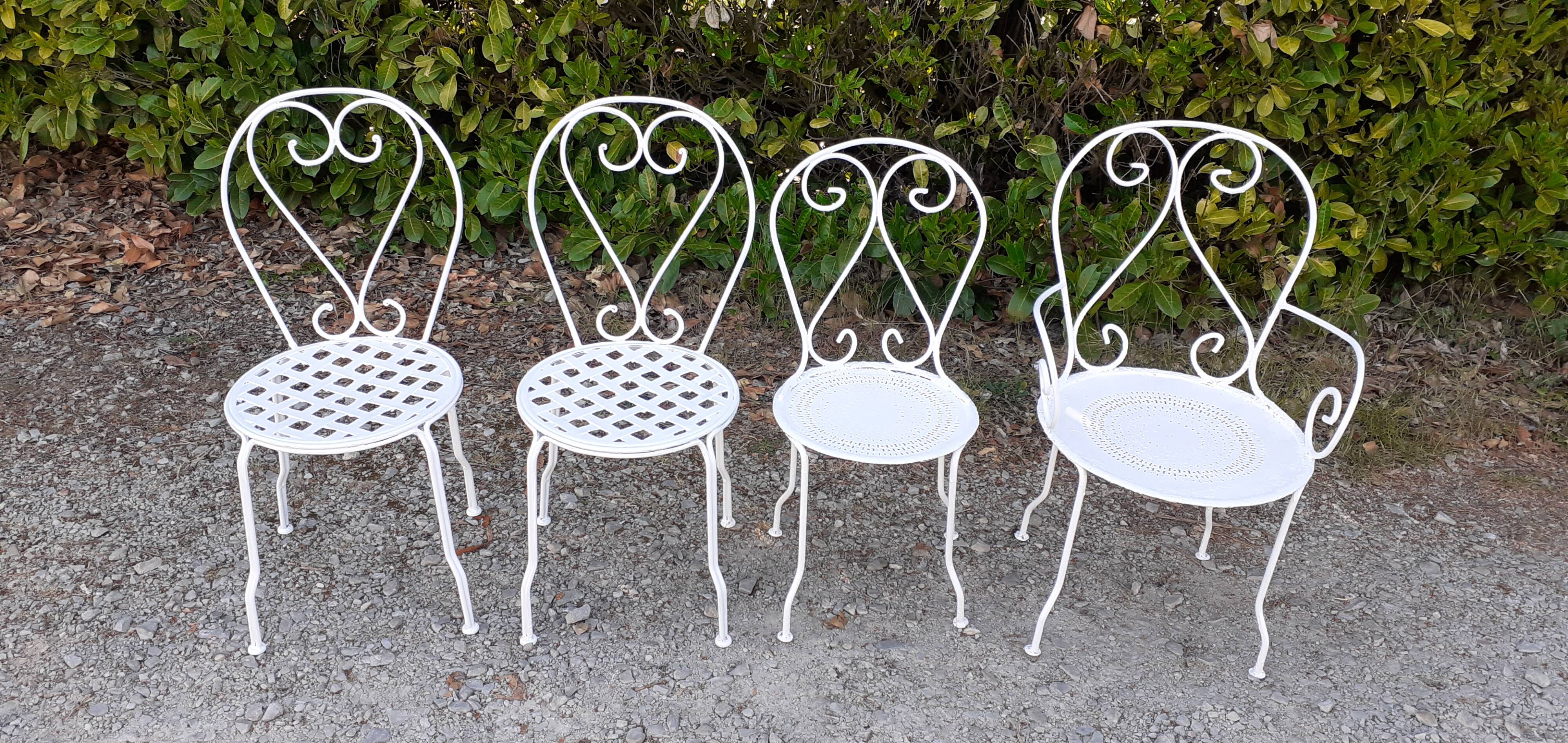 Salon de jardin 1 table 3 chaises 1 fauteuil fer forgé blanc ancien