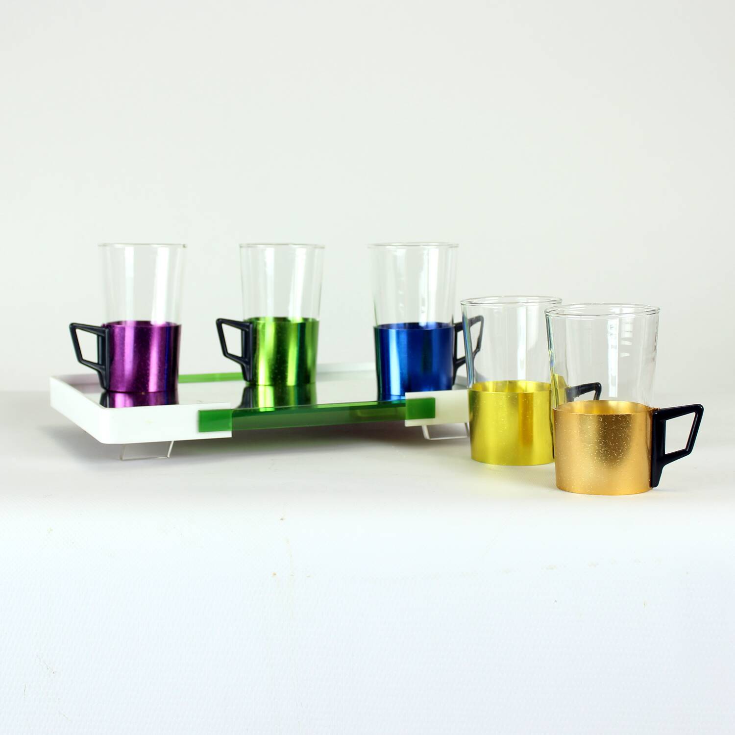 Set Of Colorful Drinking Glasses With A Tray, Czechoslovakia 1960s