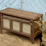 Antique oak chest with raw wood and cane work.