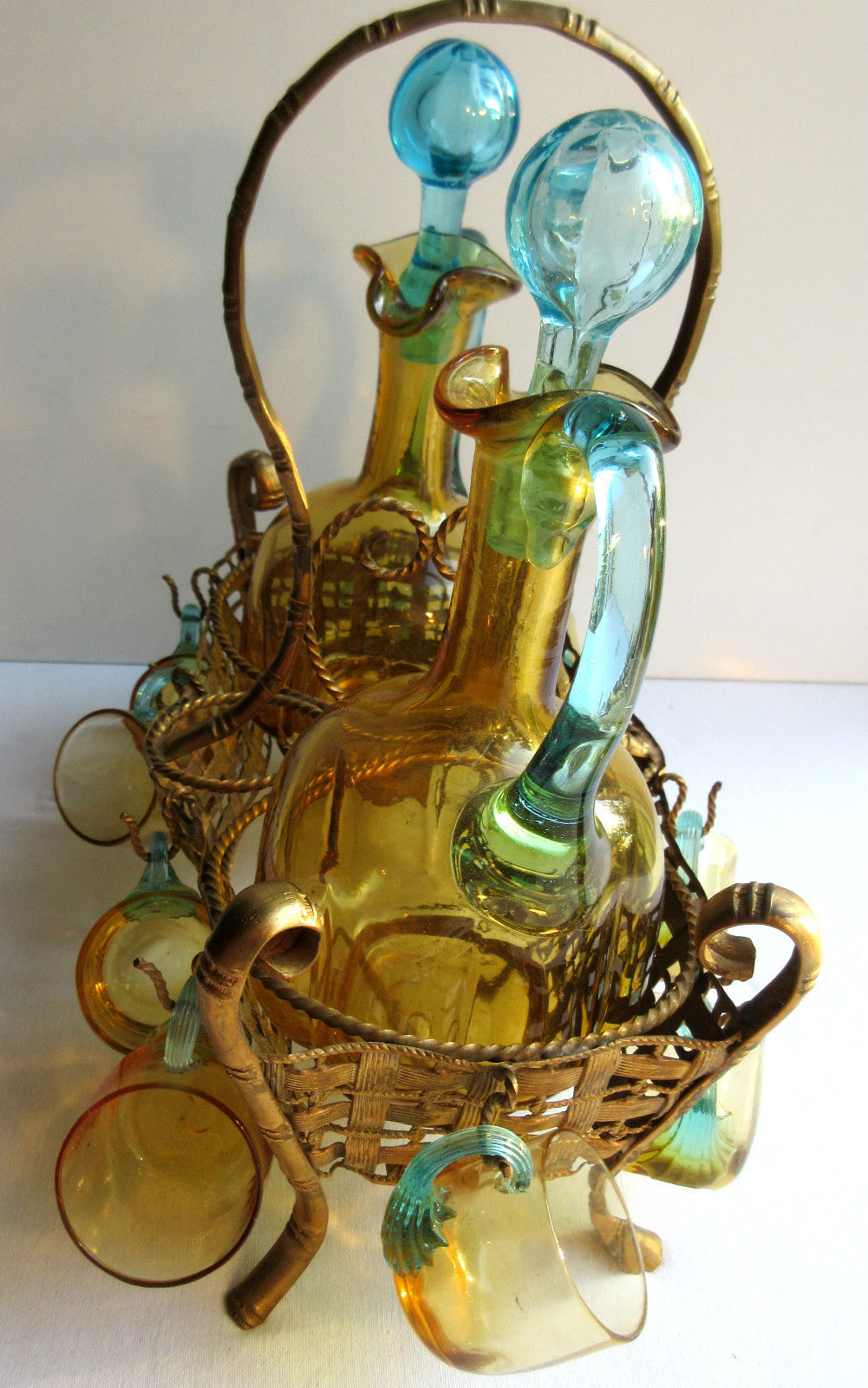 Cabaret Cave liqueur George SAND: 2 carafes 10 Legras glasses - brass basket