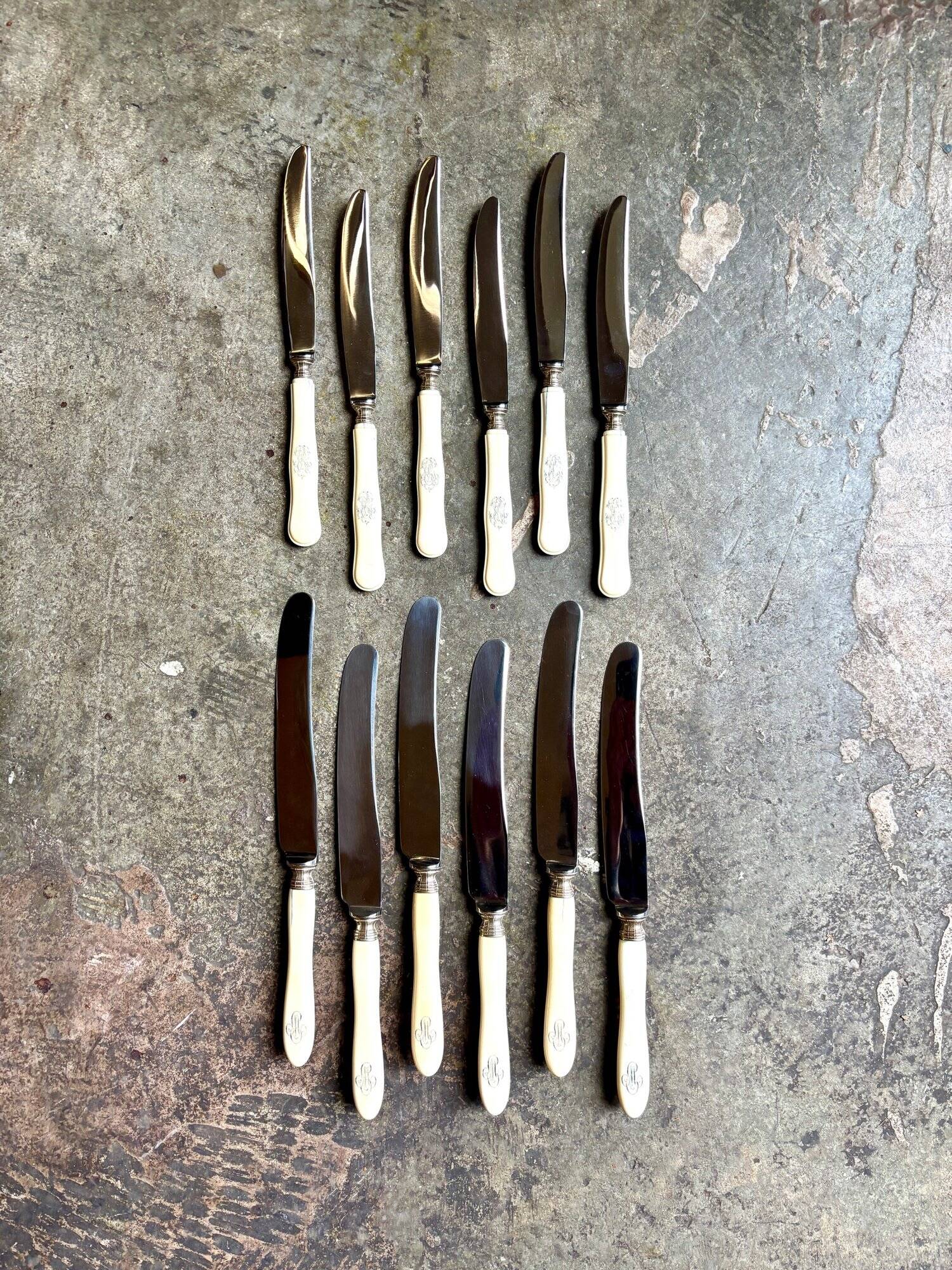 12 stainless steel and monogrammed bone knives