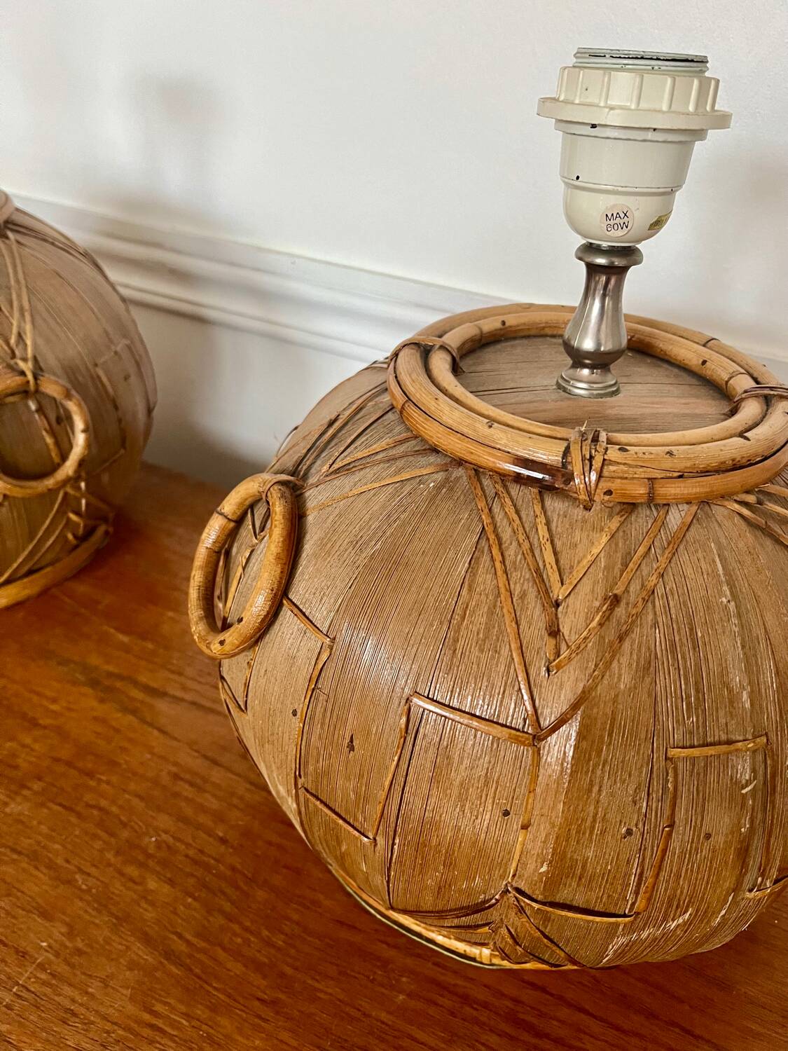 Pair of vintage rattan ball lamp bases