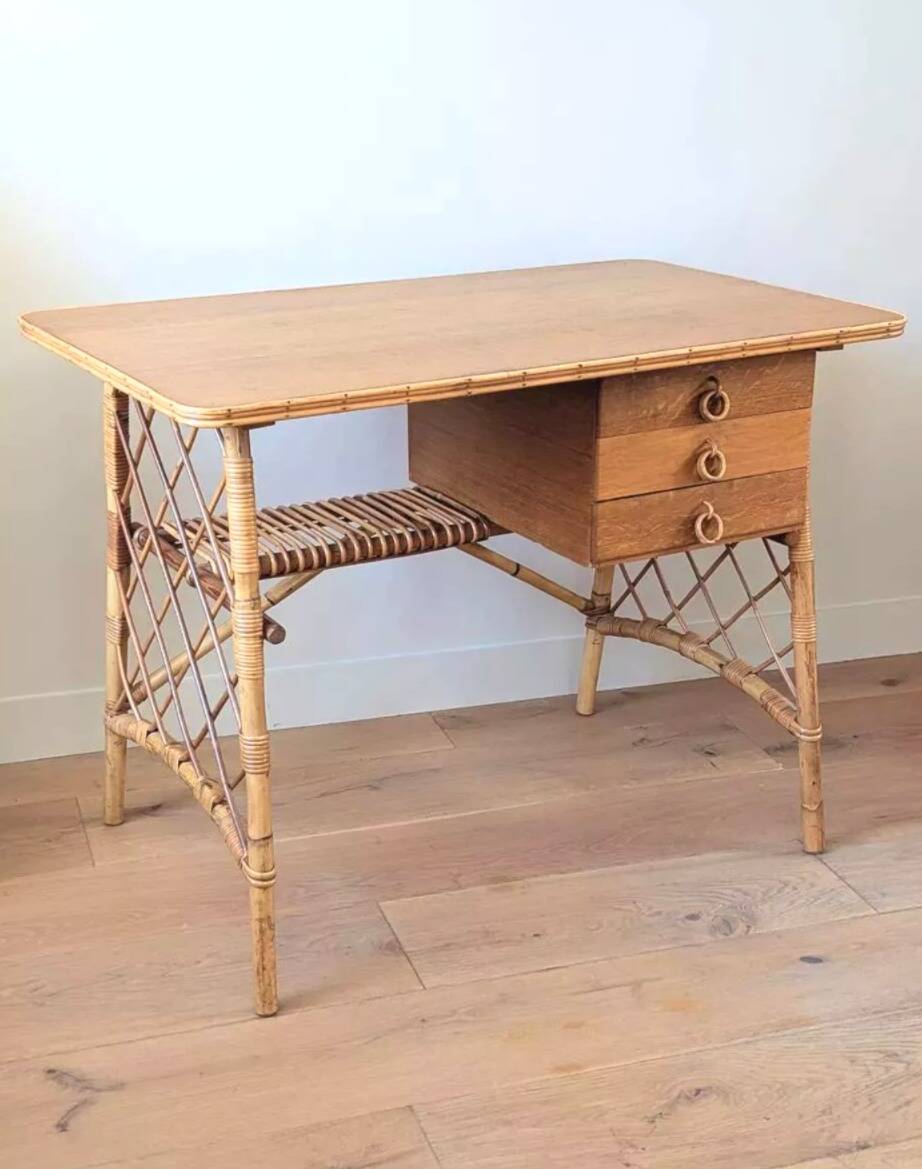 Vintage wood and rattan desk by L. Sognot