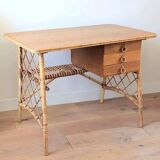 Vintage wood and rattan desk by L. Sognot
