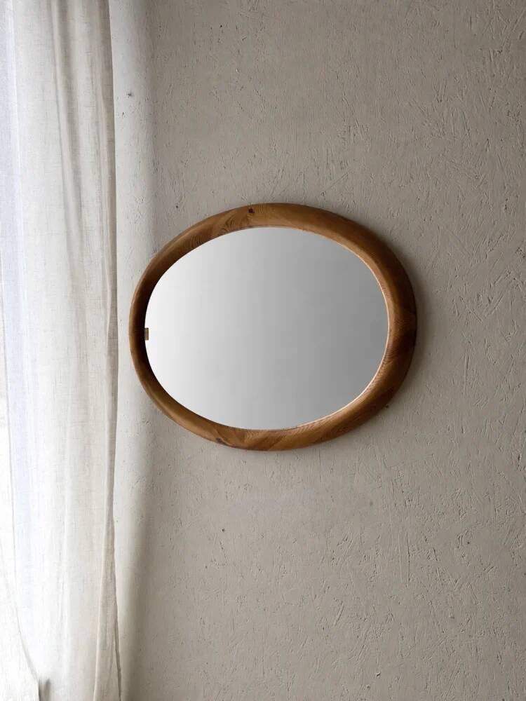 Oval pine mirror Glasmaster Markaryd Sweden 1970s