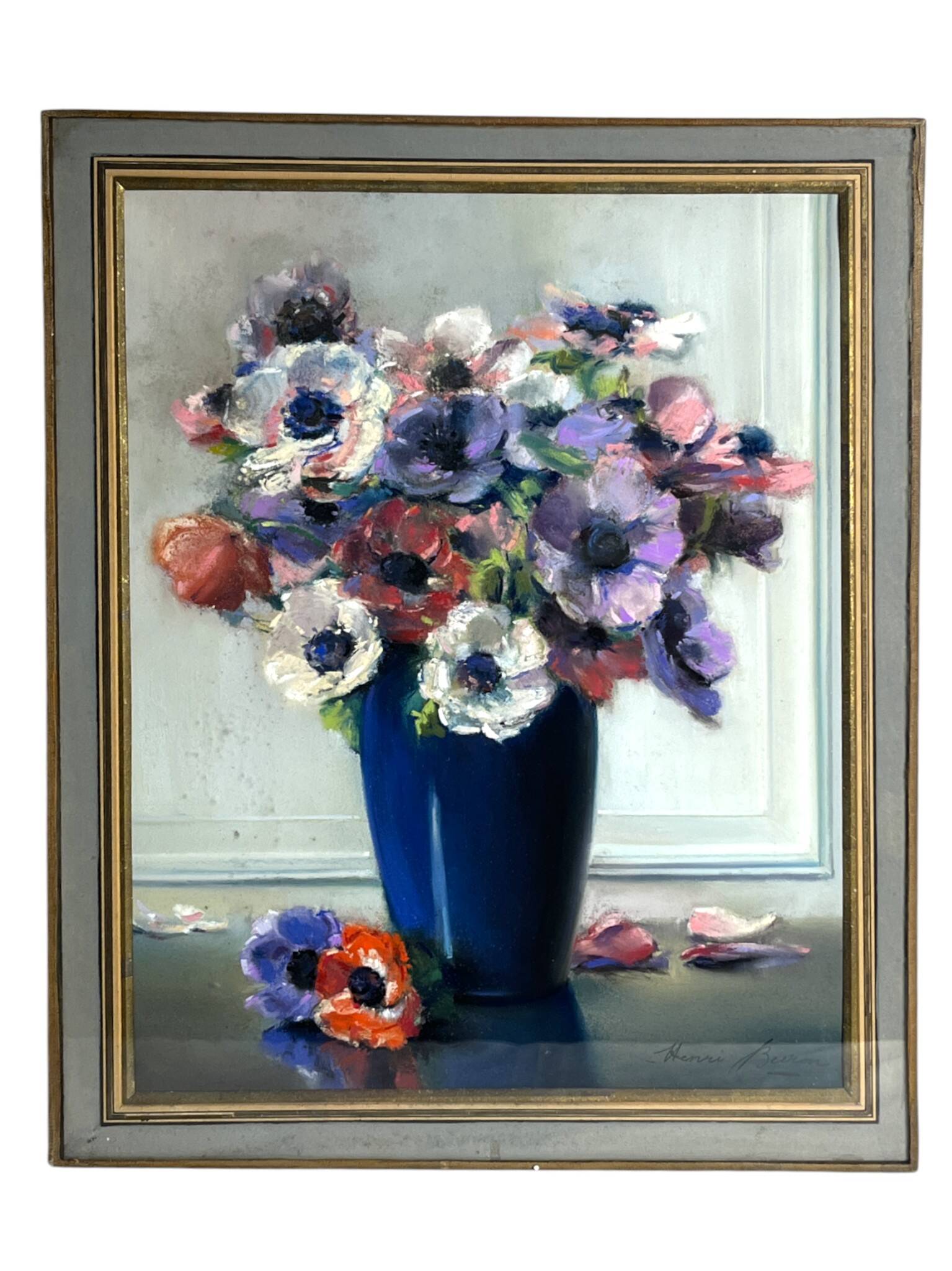 BURON Henri, Pastel still life bouquet of anemones signed around 1950