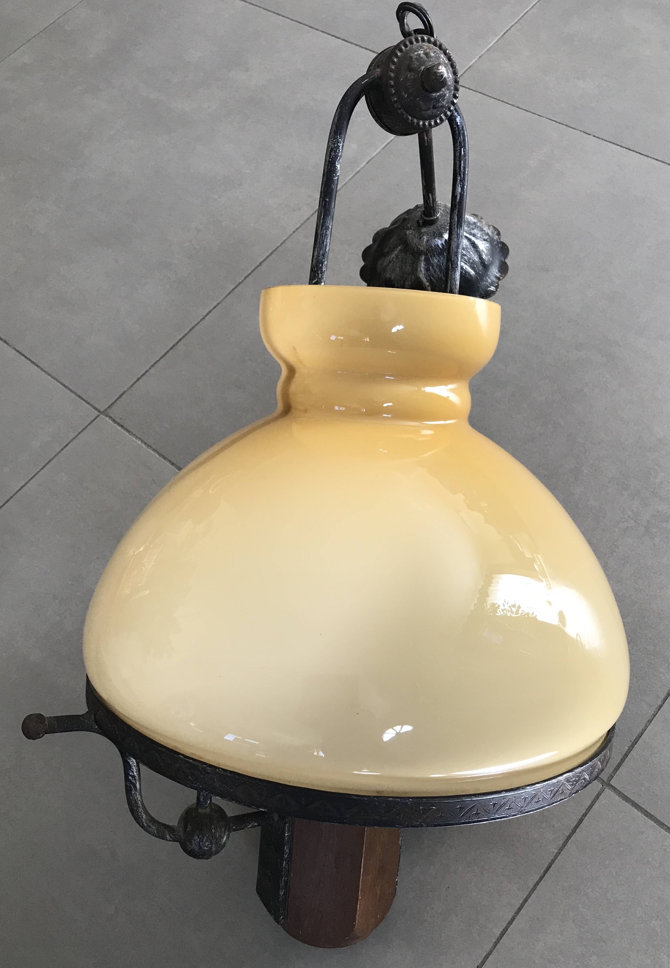 Suspension vintage wood and iron chandelier with yellow opaline lampshade