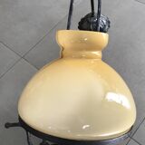 Suspension vintage wood and iron chandelier with yellow opaline lampshade