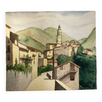 Signed watercolor of landscape with bell tower