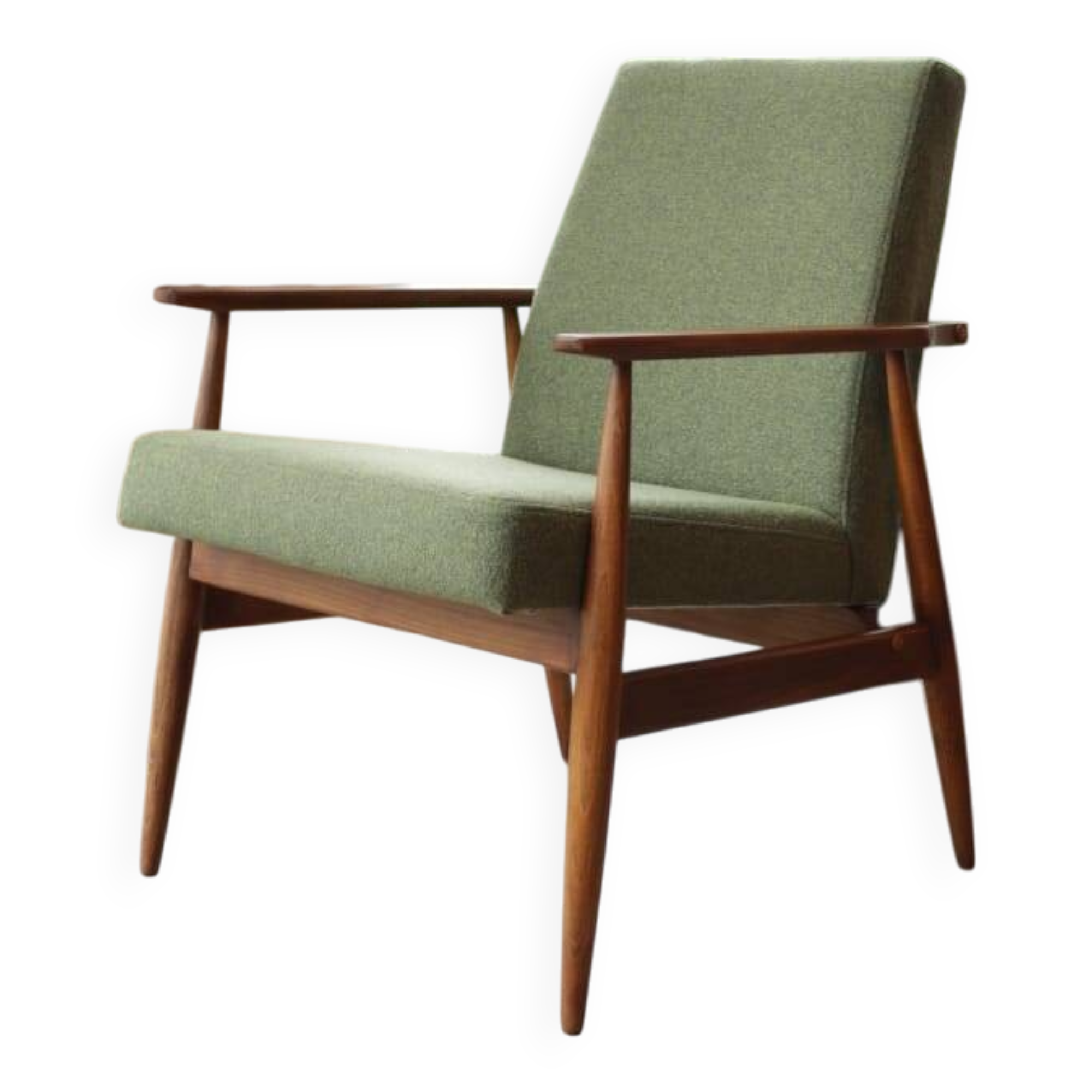 Vintage armchair in swamp green bouclé design by H. Lis.