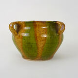 Glazed terracotta pot with 4 yellow and green handles. Flower pot