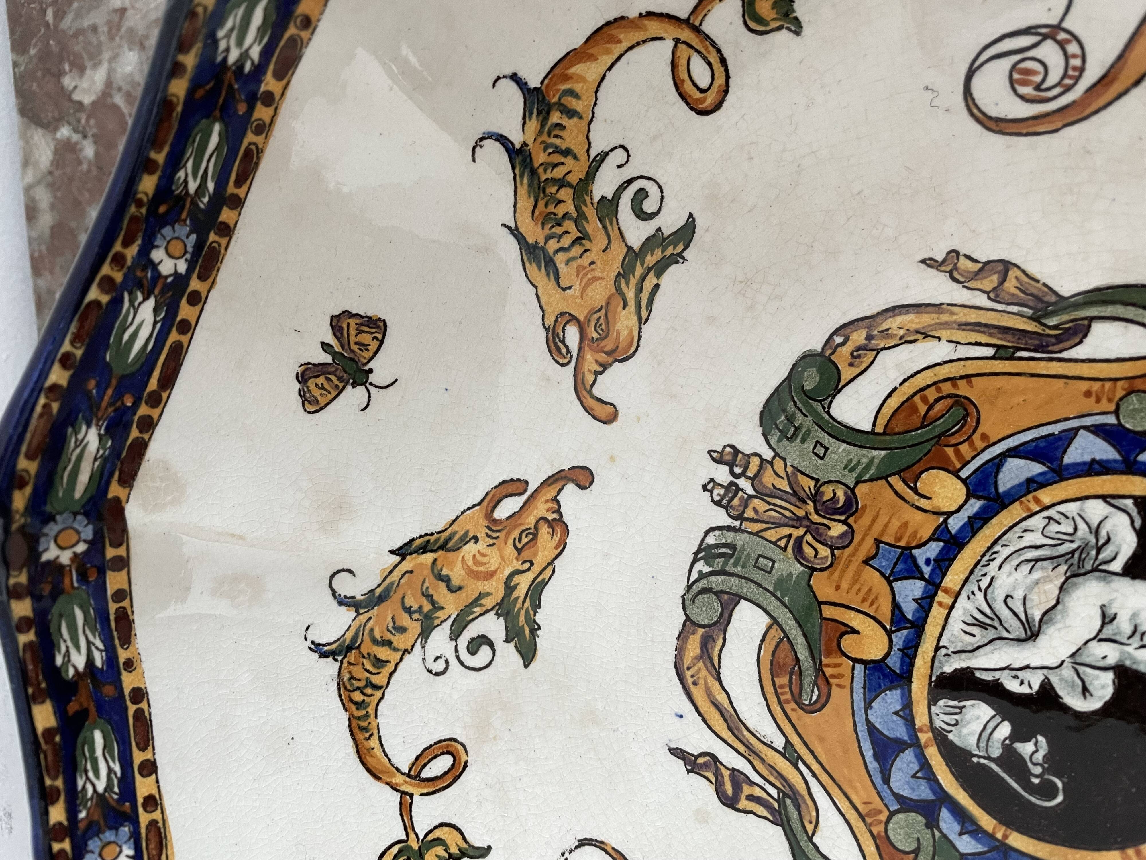 Antique, flat, bowler cup, centerpiece, Gien earthenware, nineteenth century, Renaissance décor