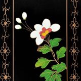 Japanese-style sideboard in bamboo and black lacquer enhanced with polychrome flowers