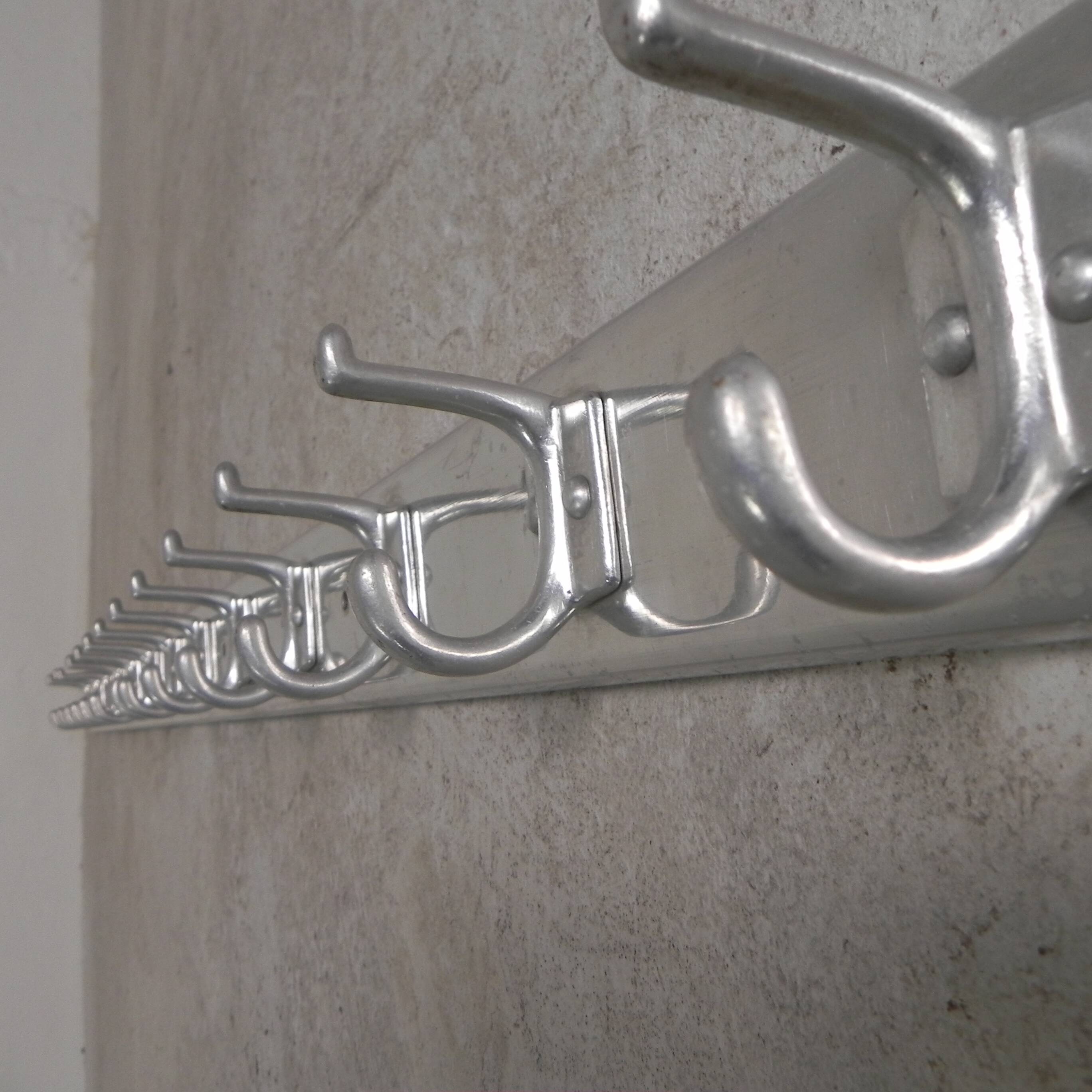 225cm Aluminum Wall Coat Rack with 16 Double Hooks, 1960s