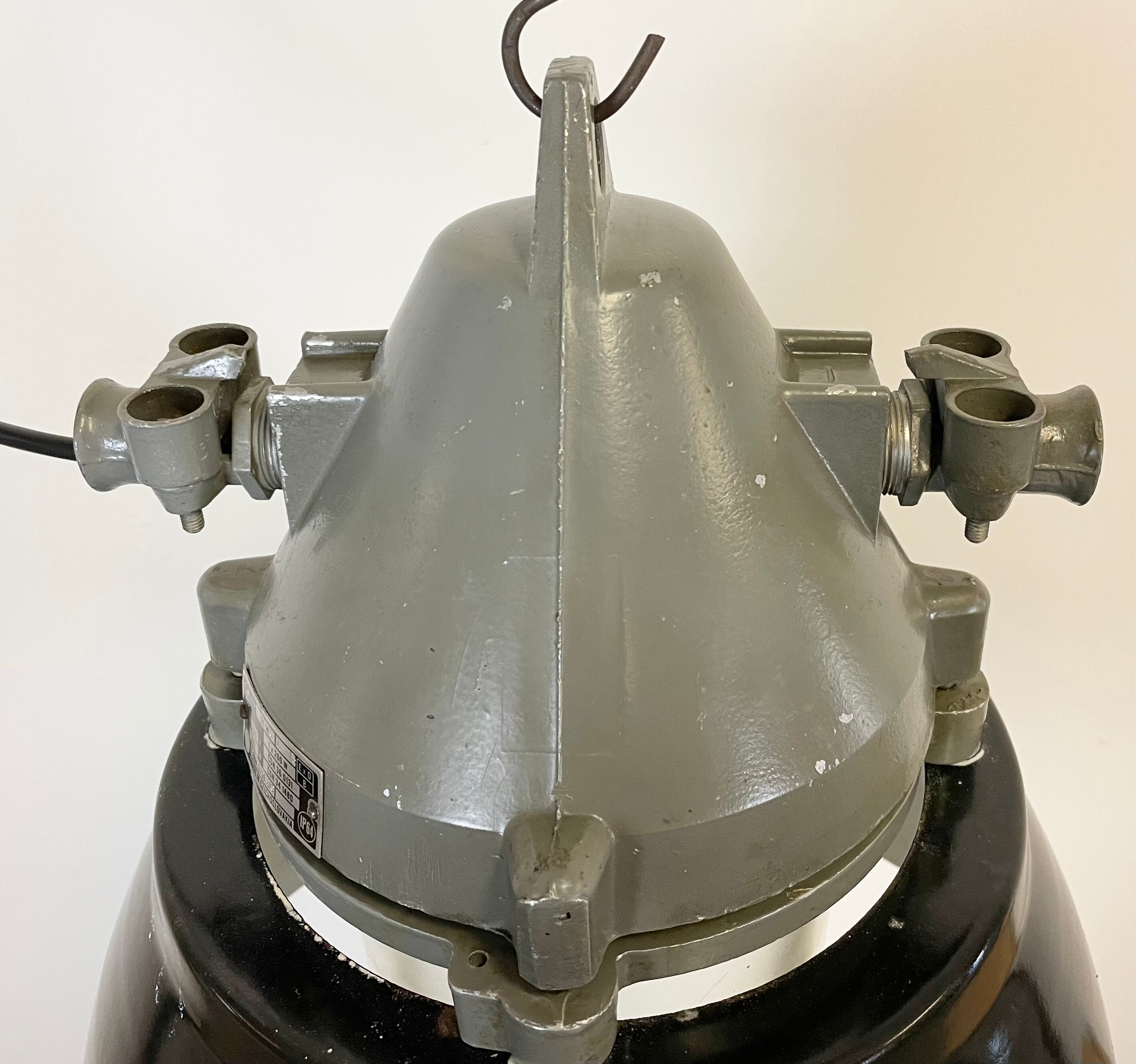Dark grey explosion proof lamp with black enameled shade, 1970s