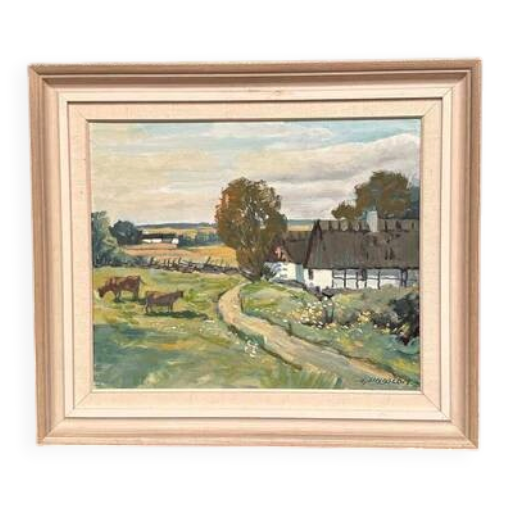 Swedish Oil on Canvas – “Farms with Grazing Cows” by Hjalmar Lindblom