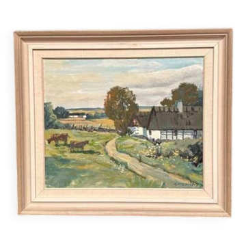 Swedish Oil on Canvas – “Farms with Grazing Cows” by Hjalmar Lindblom