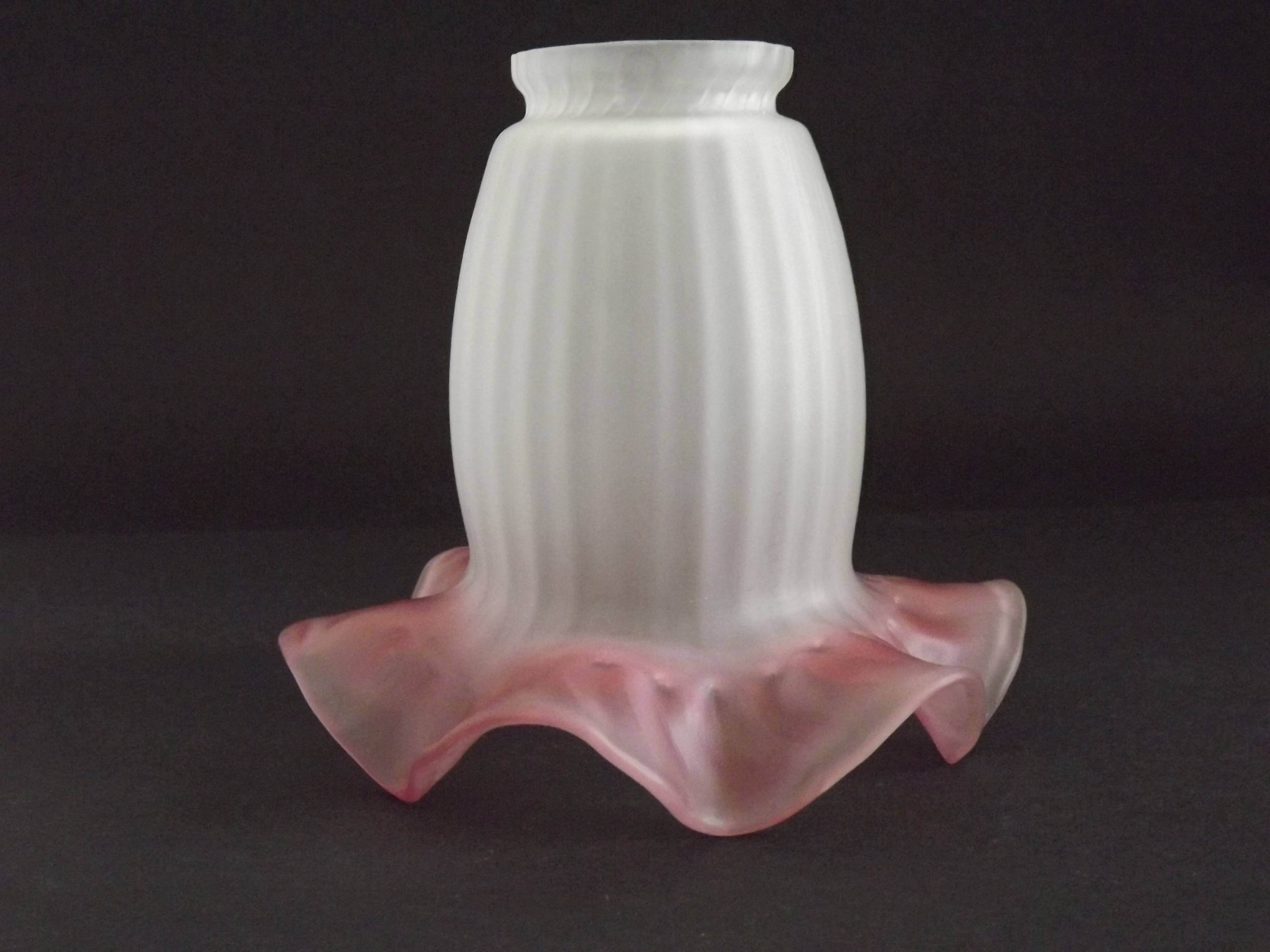 Set of 3 White Opaque Glass Shades With Ribbed Detail Pink Frilled Edge