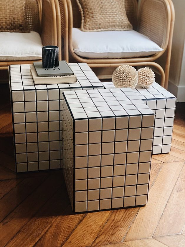 Side table cube piece of sofa tile mosaic white joint black ora 30x30xh40cm