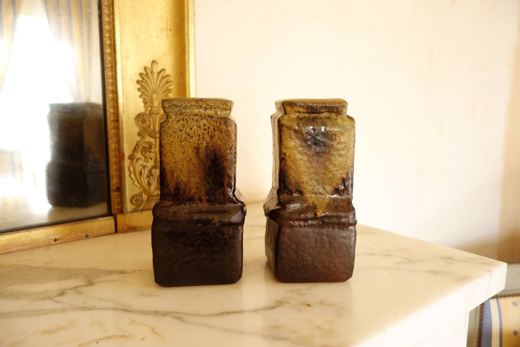 Pair of brutalist ceramic candle holders