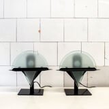 Pair of postmodern lamps with iron structure and lampshade in satin glass Italy 80s