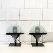Pair of postmodern lamps with iron structure and lampshade in satin glass Italy 80s