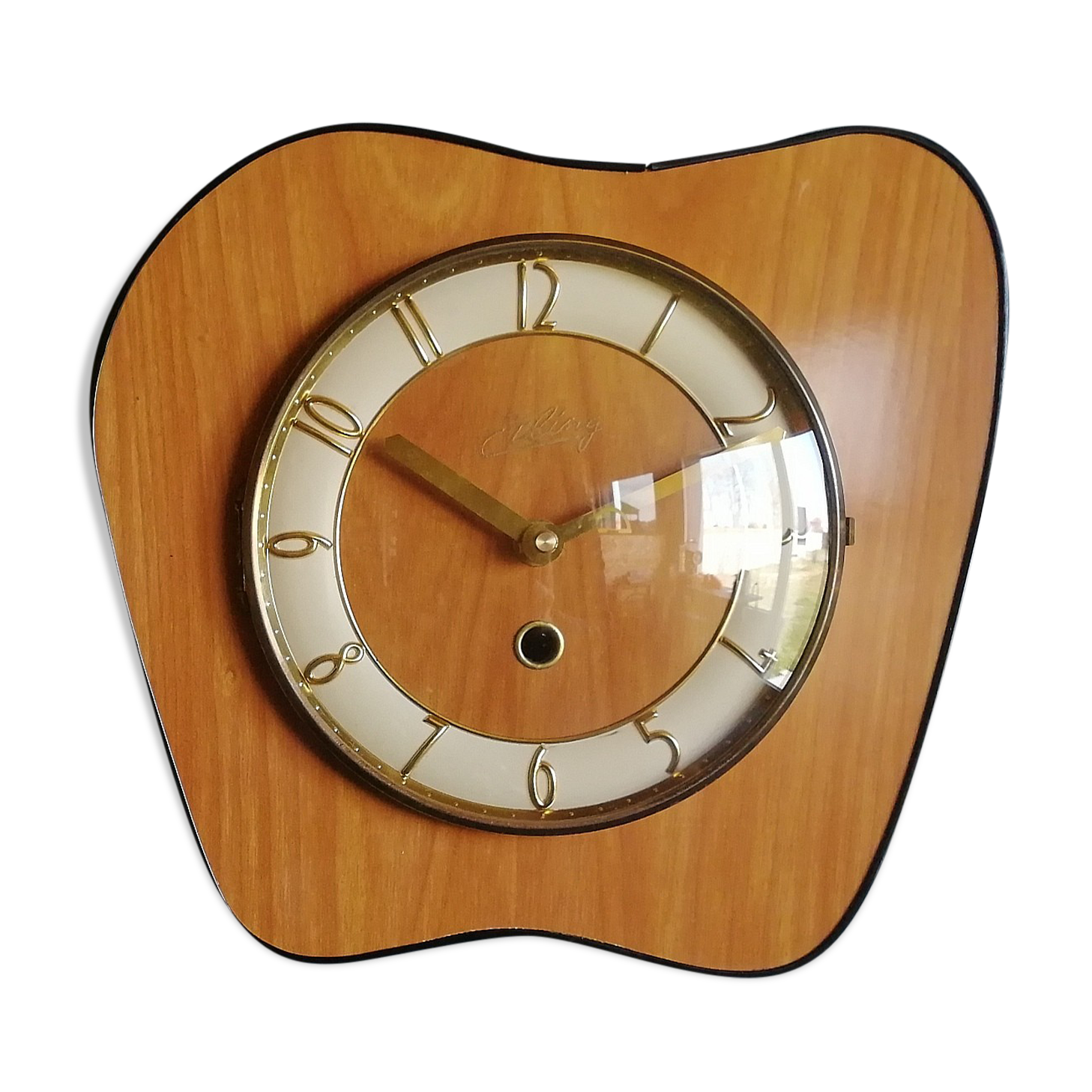 Clock formica vintage asymmetrical silent wall clock "Etling wood"