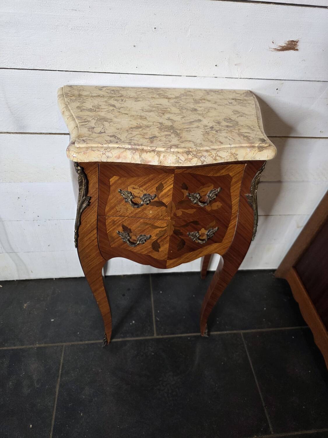 Louis XV style curved bedside table in marquetry