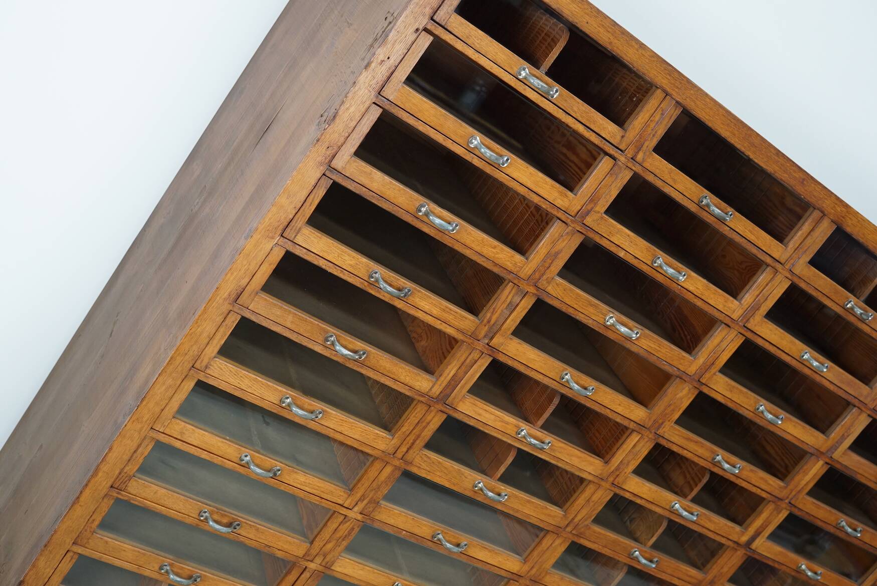 Large vintage German oak haberdashery shop cabinet, 1940s