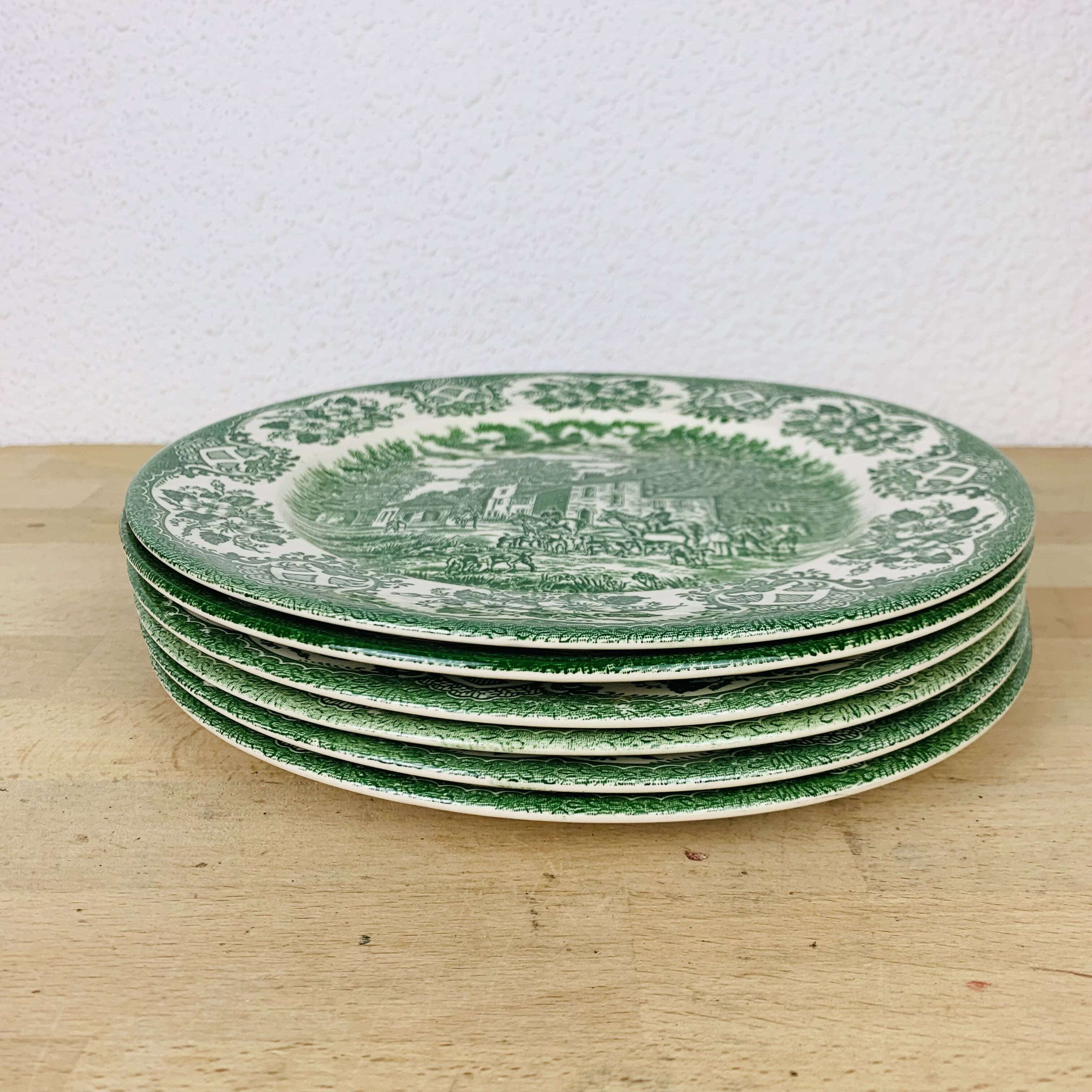 6 green English ironstone plates
