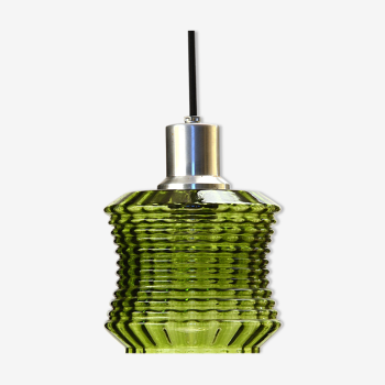 Green glass pendant light with aluminium lamp socket. Sweden 1960s