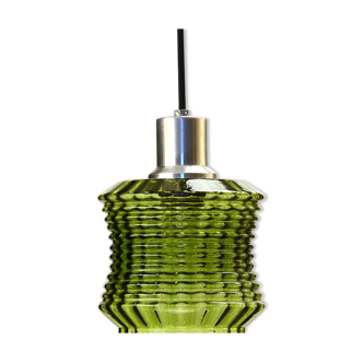 Green glass pendant light with aluminium lamp socket. Sweden 1960s