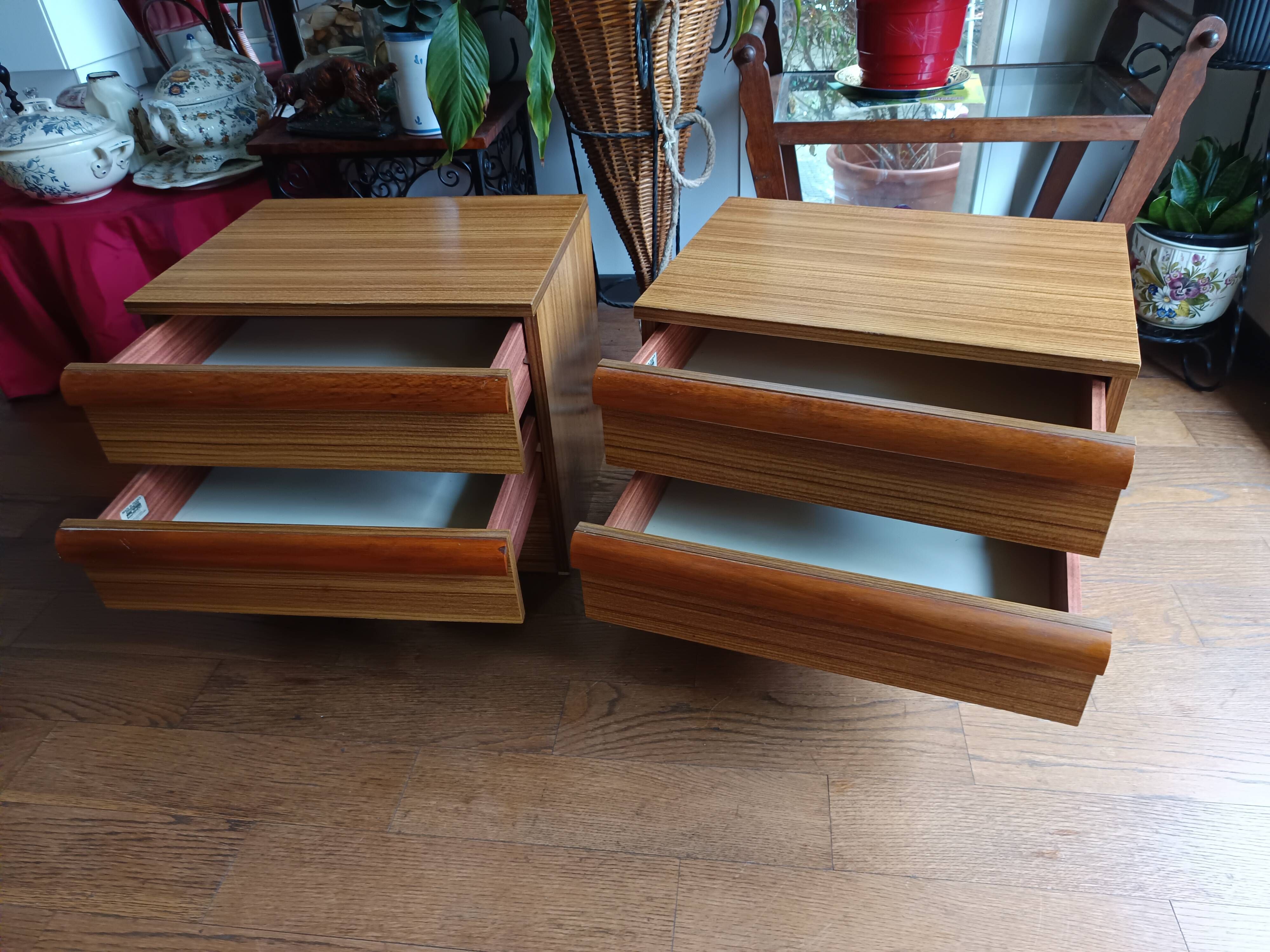 vintage bedside tables in elm by Simat Doubinski Brothers
