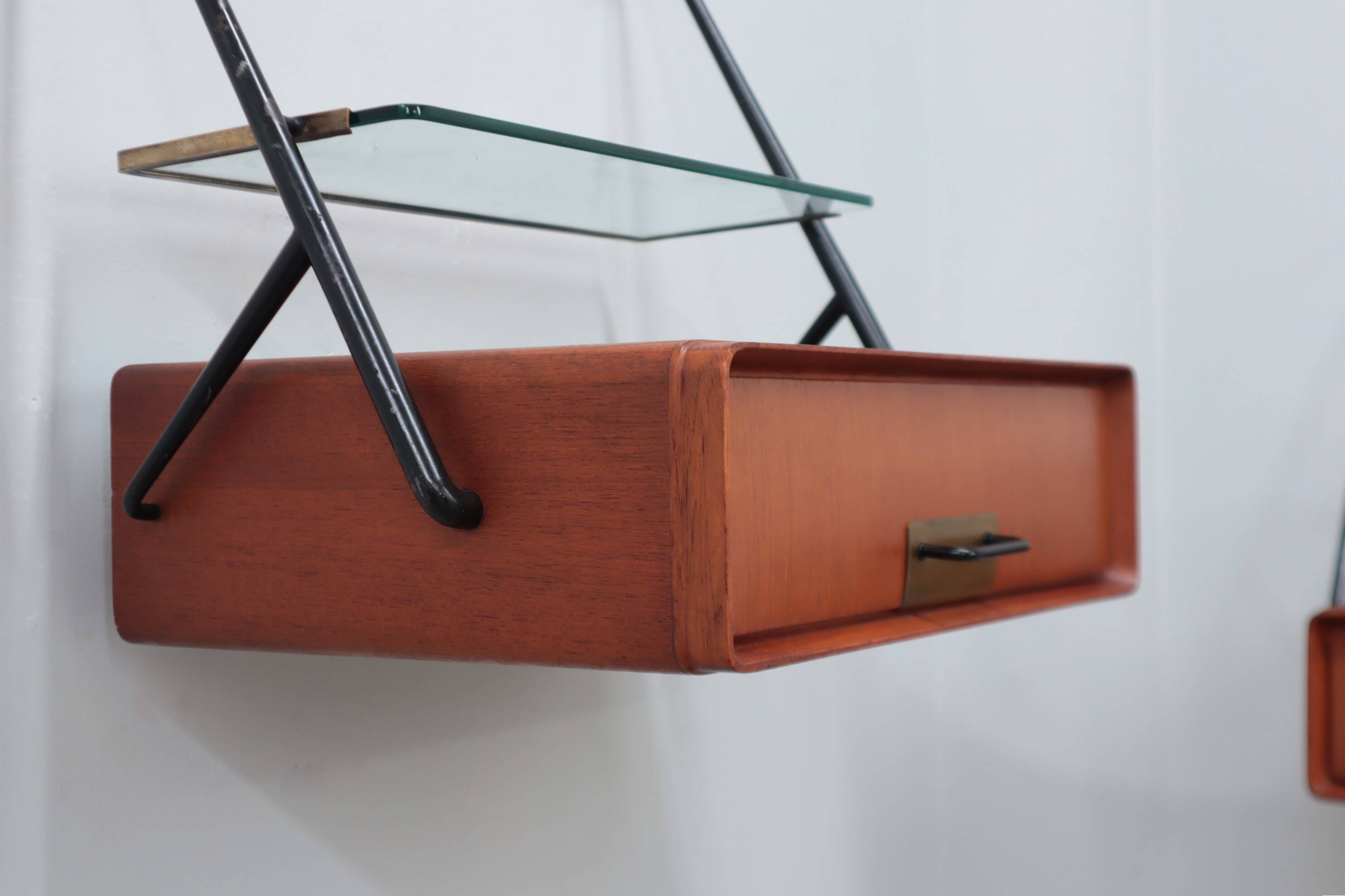 Wall mounted brass and glass nightstands Silvio Cavatorta 1950s
