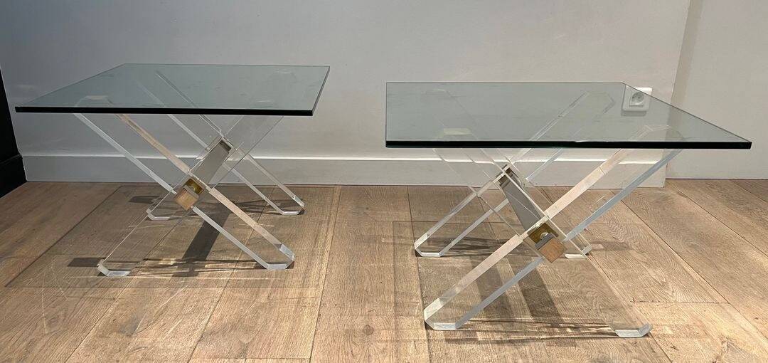 Pair of Plexiglass and Chrome Side Tables with X-shaped Legs, Work