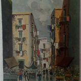 Oil on canvas "Busy street in Naples"