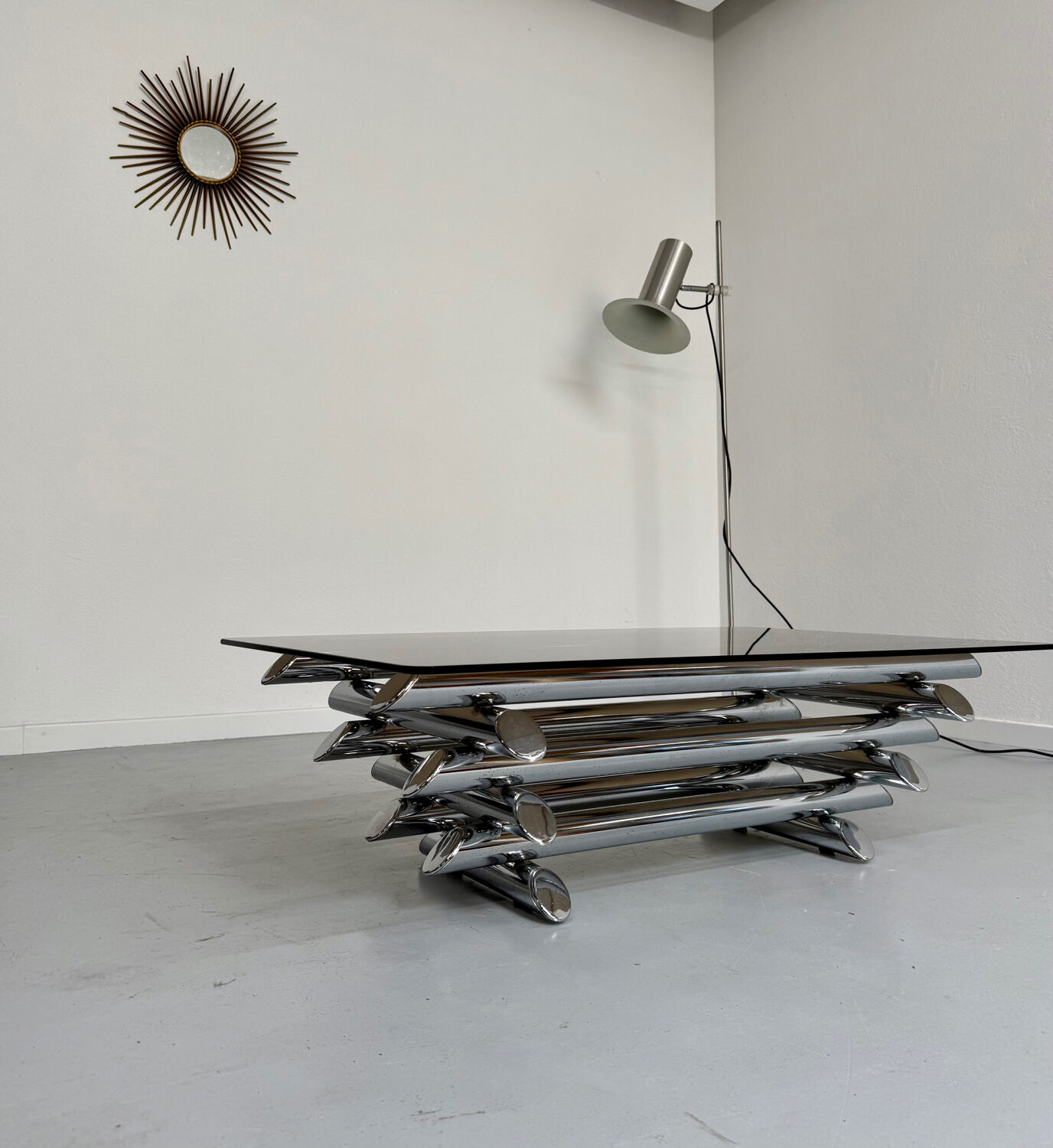 Space coffee table from the 70s, tubular metal and glass, Italian design