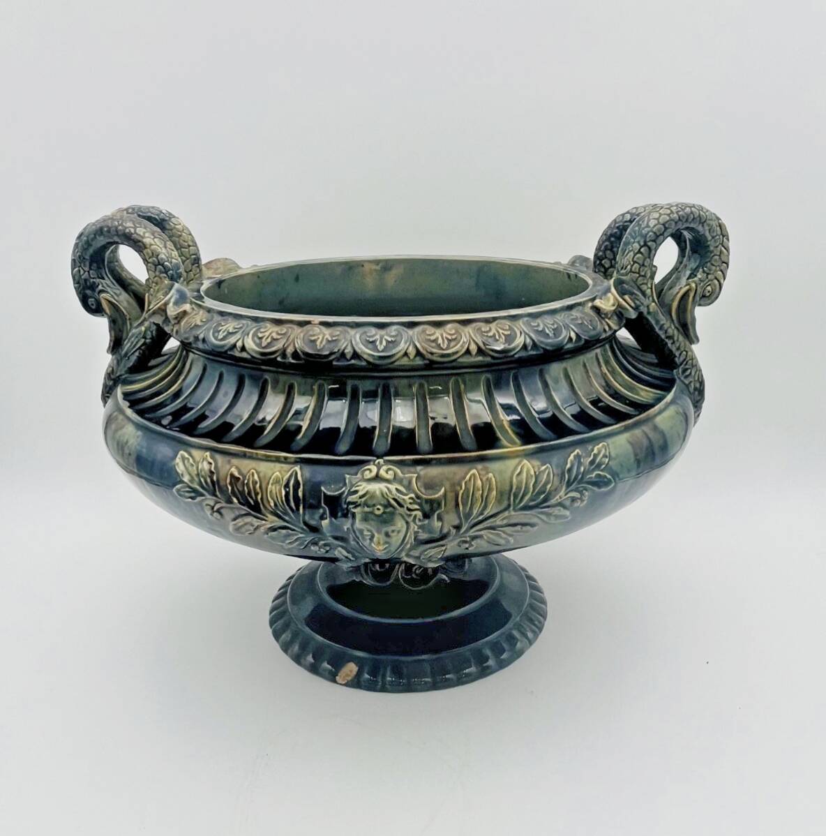 Large footed bowl in green and blue glazed ceramic