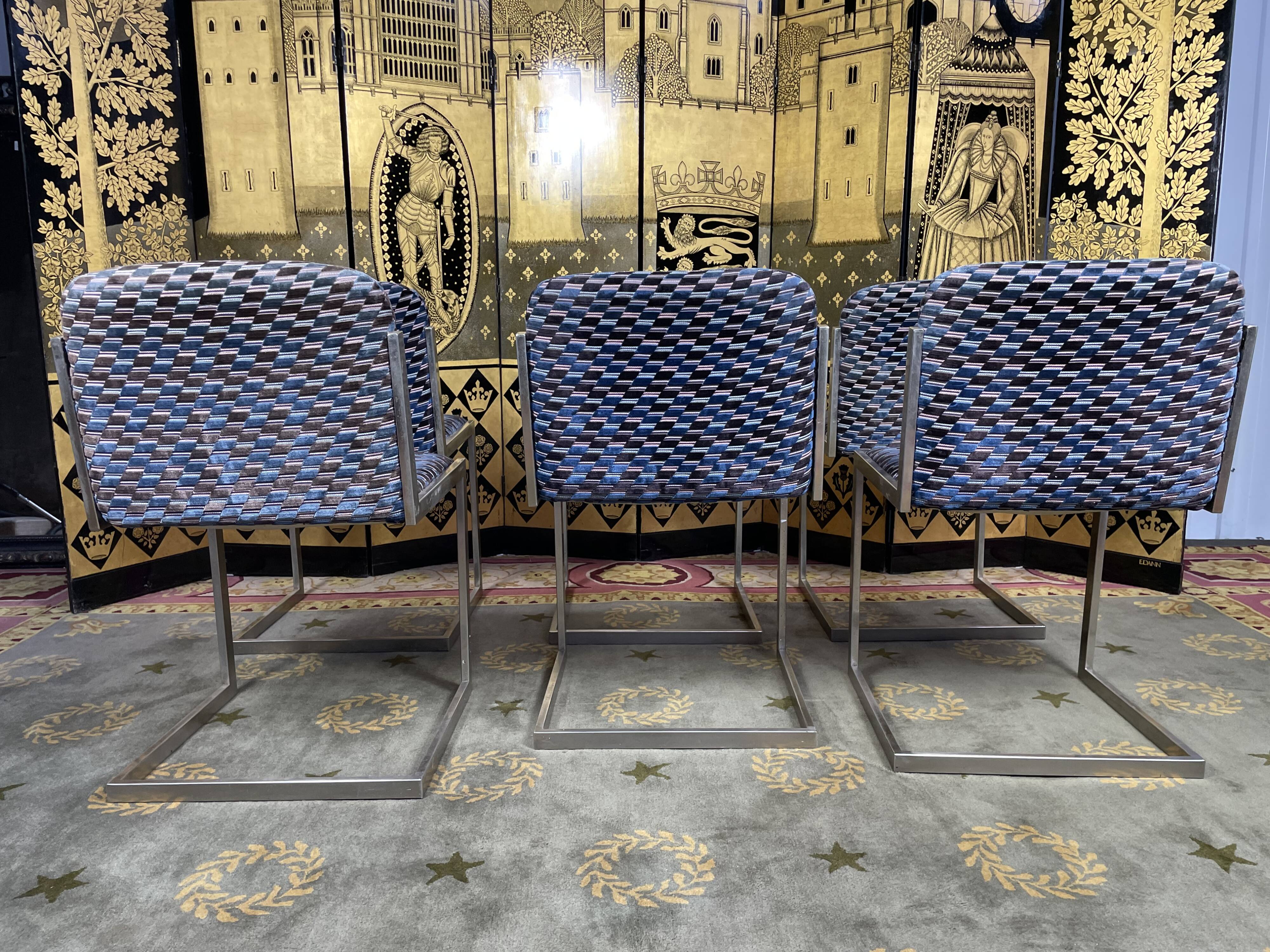 Suite of 6 vintage chairs 1970 velvet and stainless steel