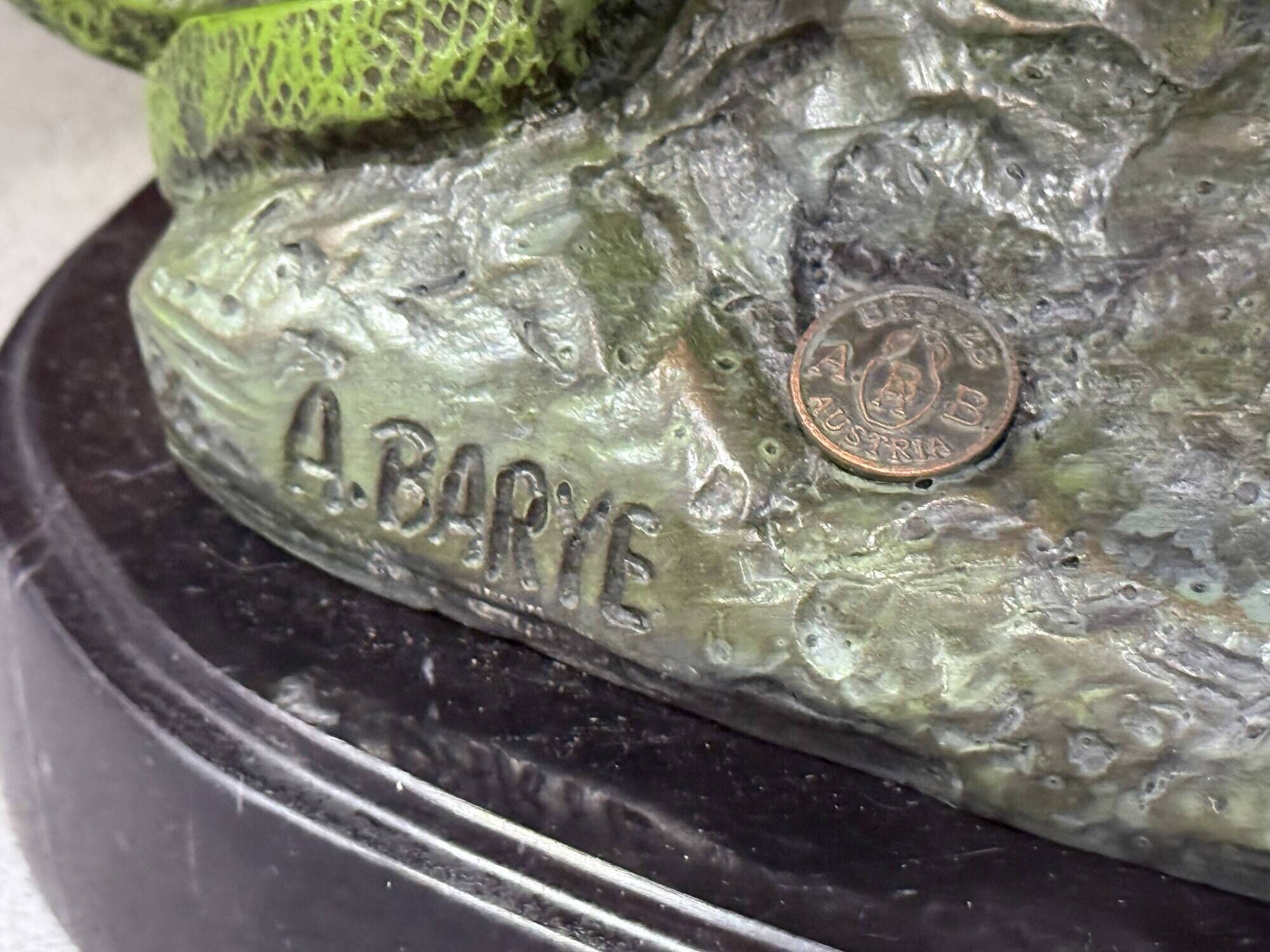 Antique Cold-Painted Bronze Lion Fighting a Snake, After Antoine-Louis Barye