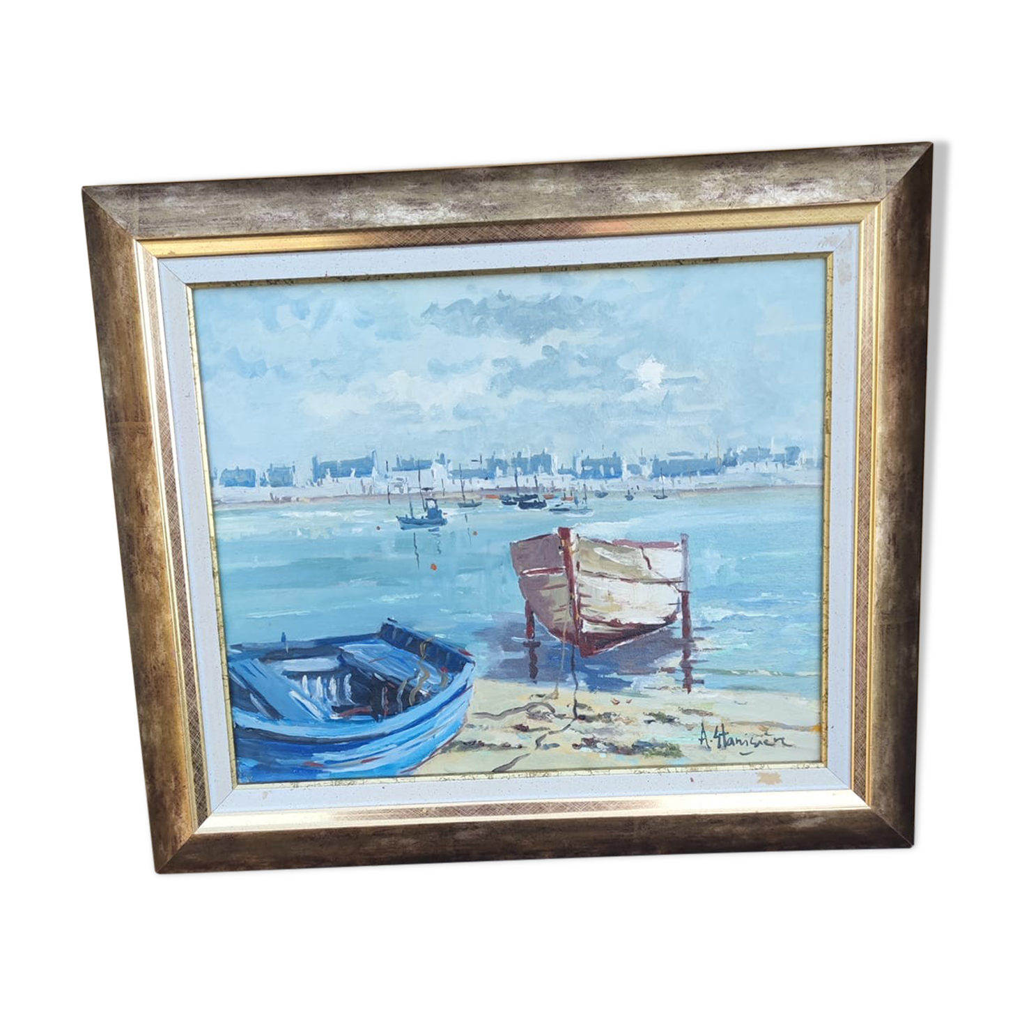 Breton seascape painting in the port of Guilvinec in 2002 by Antoine Stanisiere