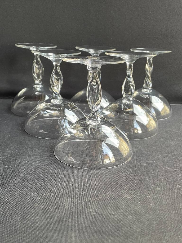6 light crystal champagne glasses with twisted leg, early 20th century